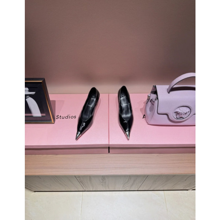 Christian Louboutin Black Patent Metal‑Tip Pointed Toe Kitten Heel Pumps