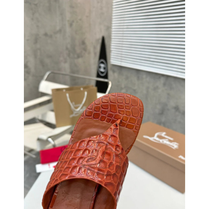Christian Louboutin Terracotta Croc‑embossed Leather 55mm Block Heel Mule Sandal