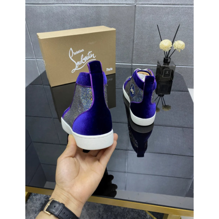 Christian Louboutin Purple Velvet Multicolor Rhinestone High‑Top Sneakers