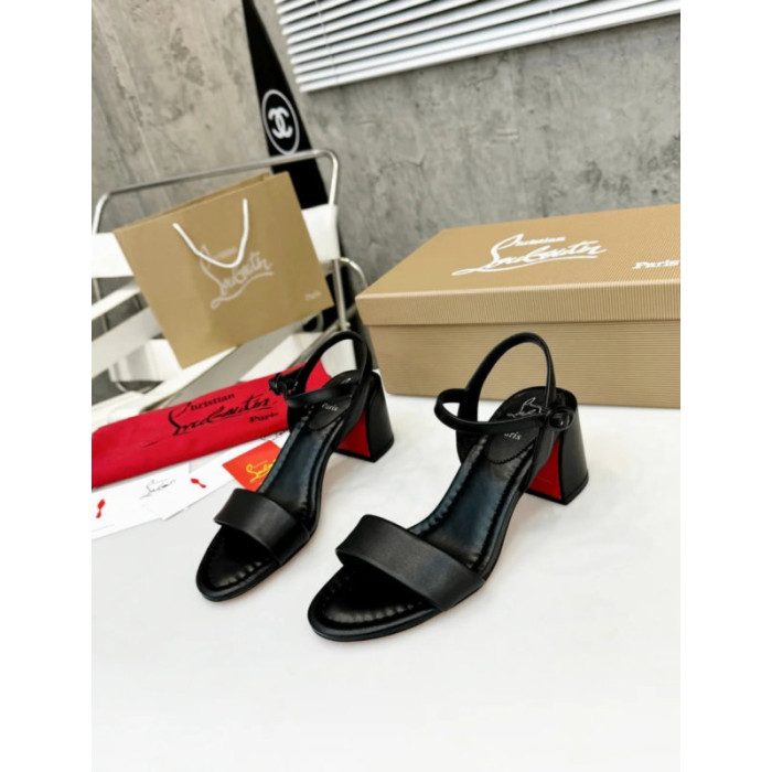 Christian Louboutin Black Leather Block heel Ankle Strap Sandal
