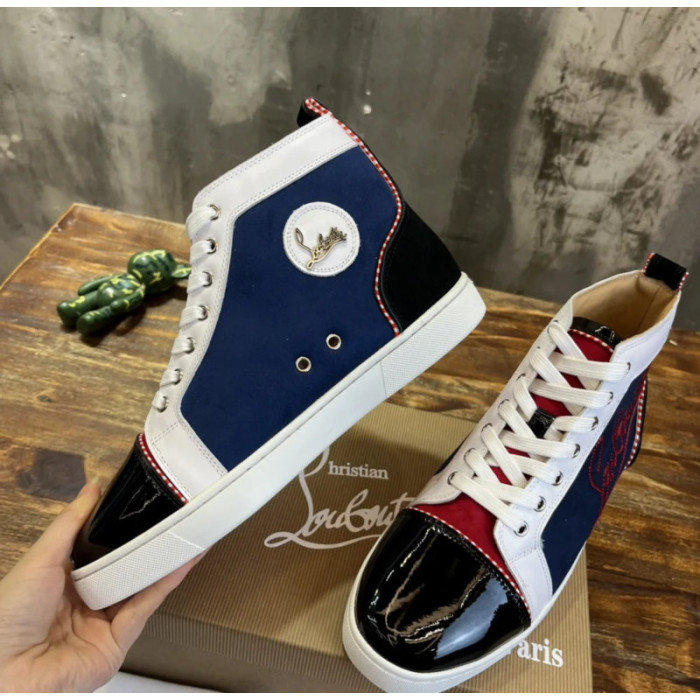 Christian Louboutin Navy Canvas Embroidered Color‑Block High‑Top Sneakers