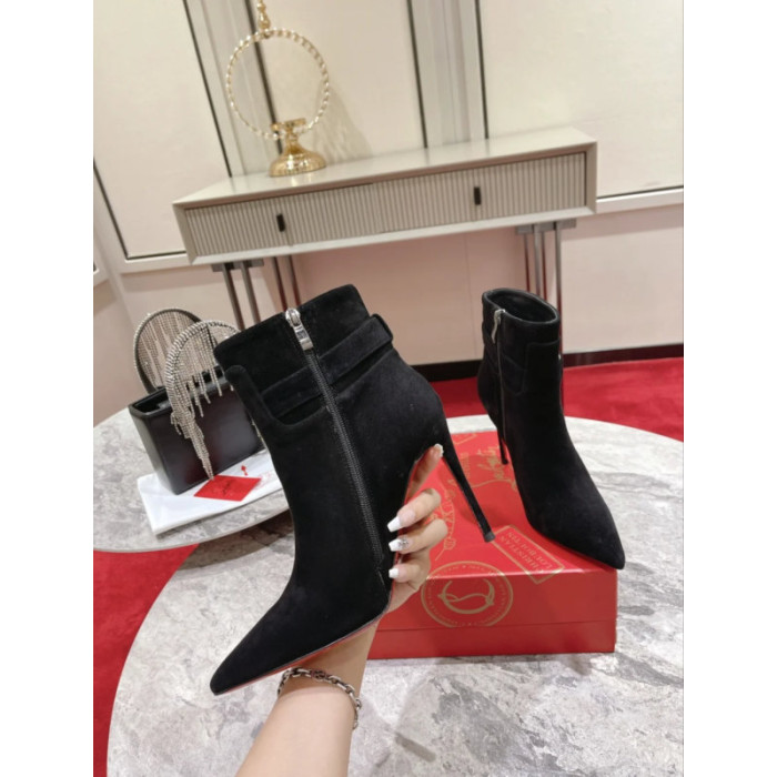 Christian Louboutin Black Suede 100mm Lock‑Buckle Pointed Toe Ankle Boots