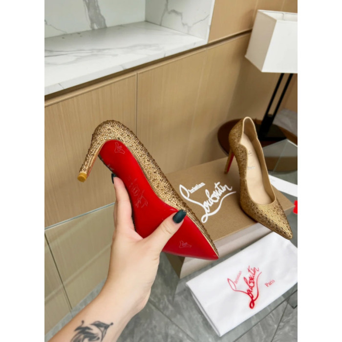 Christian Louboutin Gold Crystal‑Encrusted Scalloped 100mm heel Pump