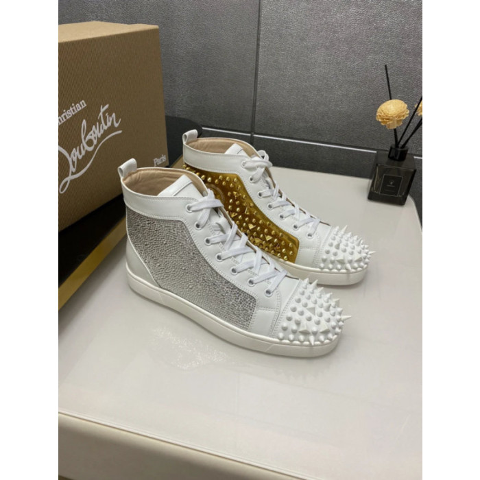Christian Louboutin White Strass Rhinestone Spiked High‑Top Sneakers