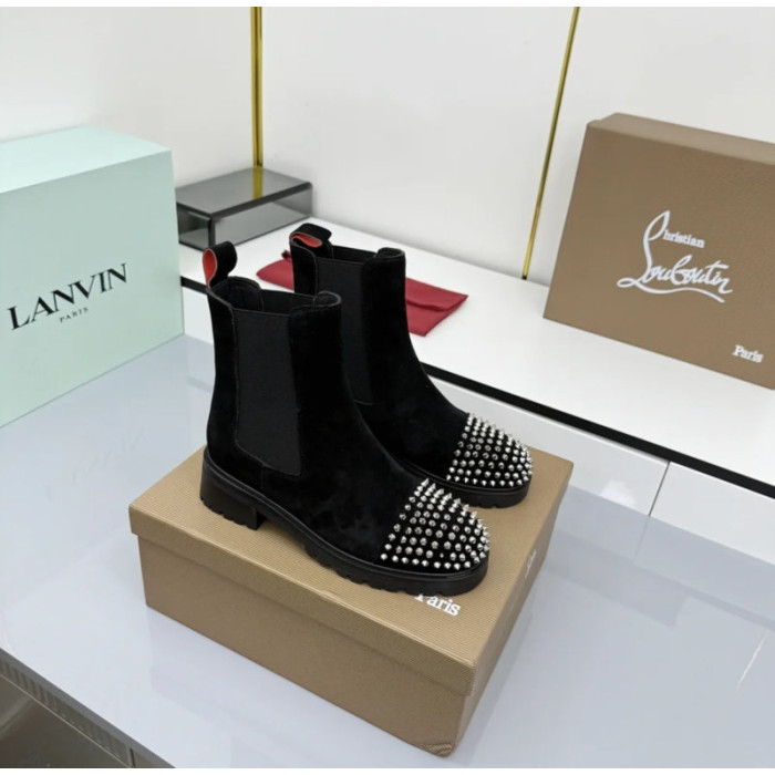 Christian Louboutin Black Suede Silver‑Spiked Chelsea Ankle Boots
