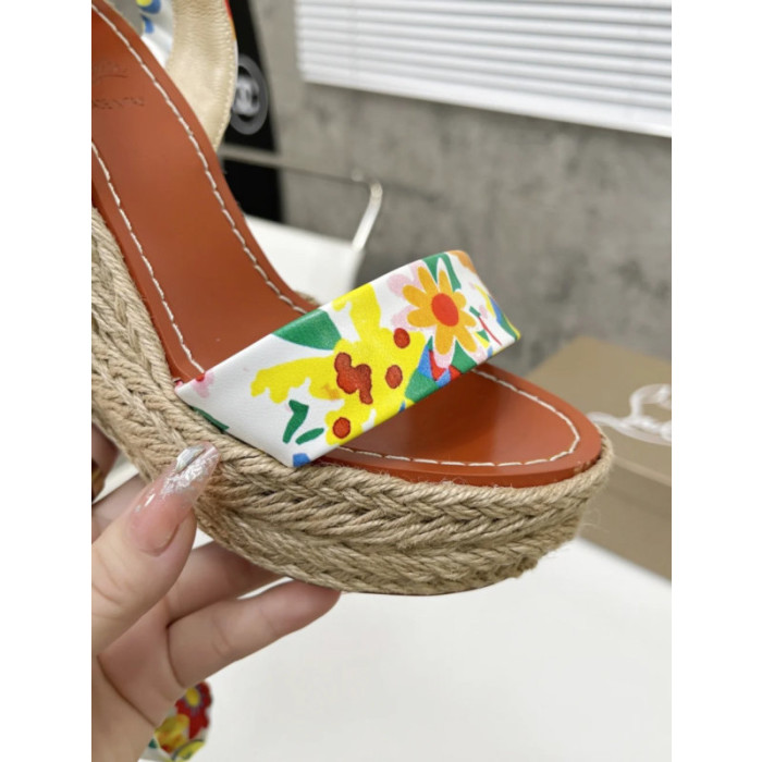 Christian Louboutin Floral Print Fabric 120mm heel Wedge Ankle‑Wrap Espadrille Sandal