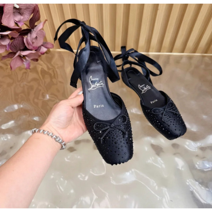 Christian Louboutin Black Satin Crystal‑Embellished Ankle‑Tie Slingback Ballet Flats