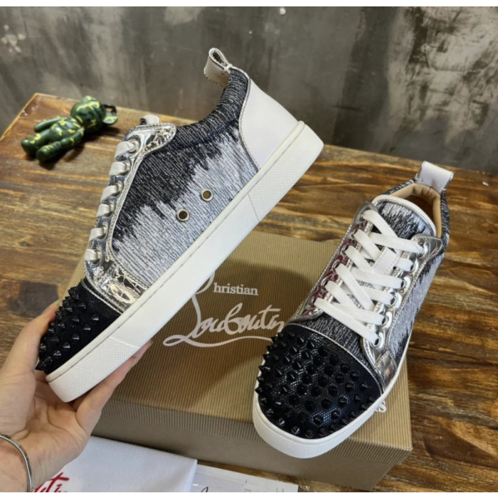 Christian Louboutin Gradient Fabric Spiked Low‑Top Sneakers Silver Metallic Trim