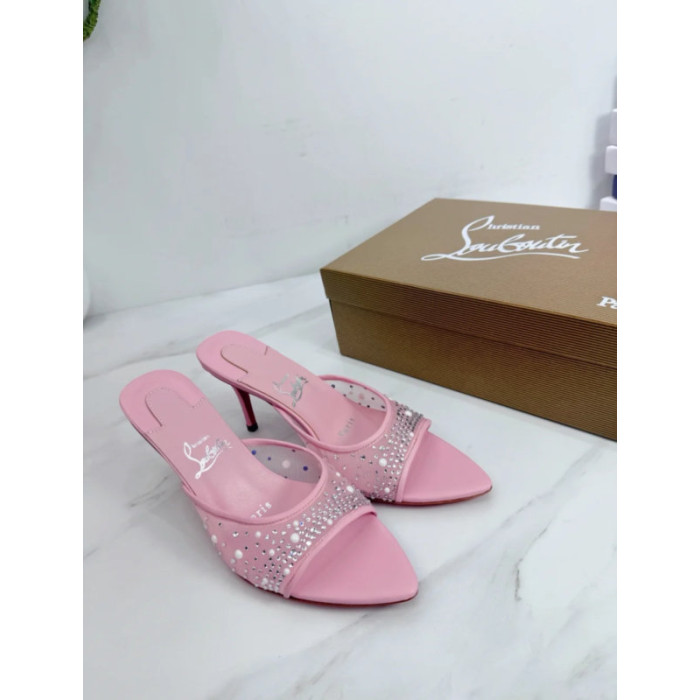 Christian Louboutin Pink Mesh Crystal 70mm Pointed‑Toe Mule High‑Heel Sandals