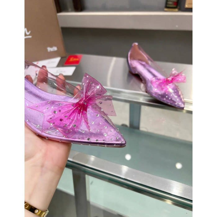 Christian Louboutin Purple Transparent PVC Pink Bow Crystal Pointed‑Toe Flat Pumps