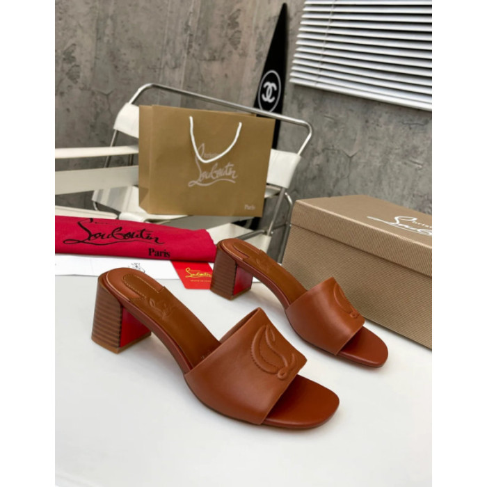 Christian Louboutin Cognac Brown Leather 55mm heel Block Heel Slide Sandal
