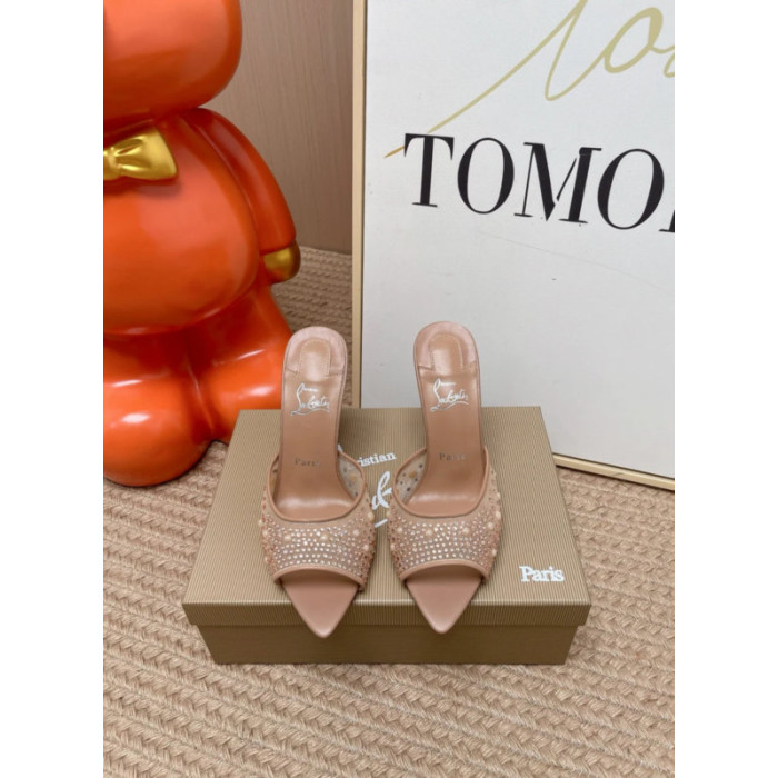 Christian Louboutin Nude Mesh Pearl Crystal‑Embellished 100mm Pointed‑Toe Stiletto Heel Mules