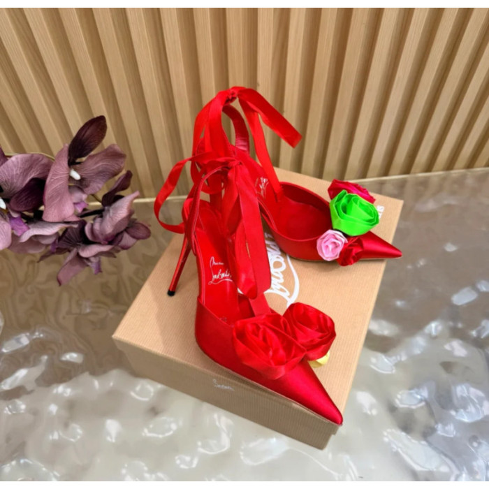 Christian Louboutin Red Satin Multicolor Fabric Flower 100mm Stiletto Heel Slingback Pumps