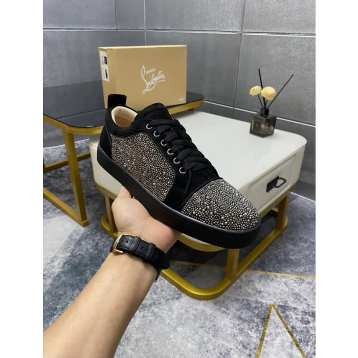 Christian Louboutin Black Suede Gunmetal Crystal‑Encrusted Low‑Top Sneakers