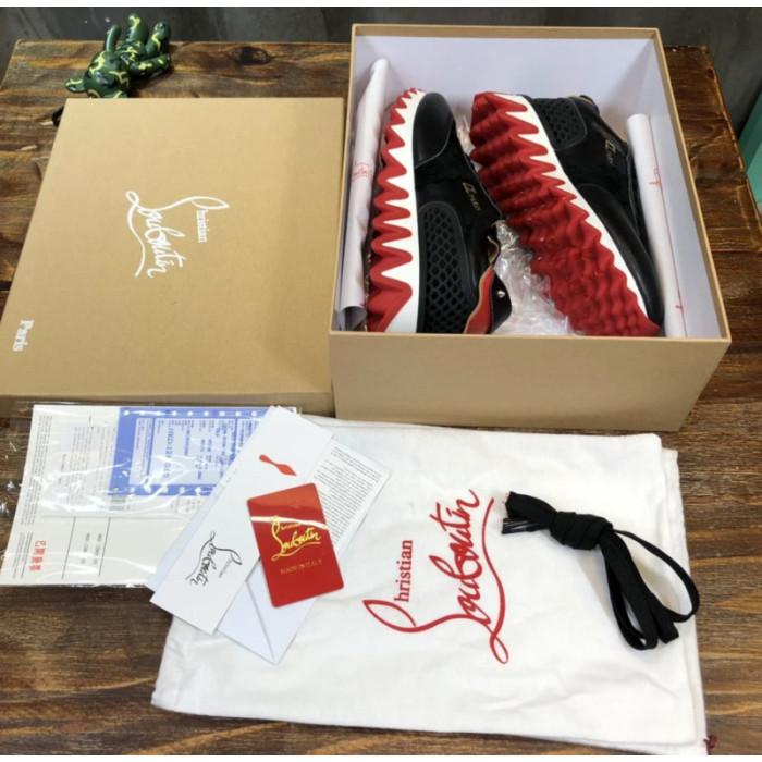 Christian Louboutin Black Leather Gold‑Logo Lace‑Up Sneakers Red Shark‑Tooth Sole