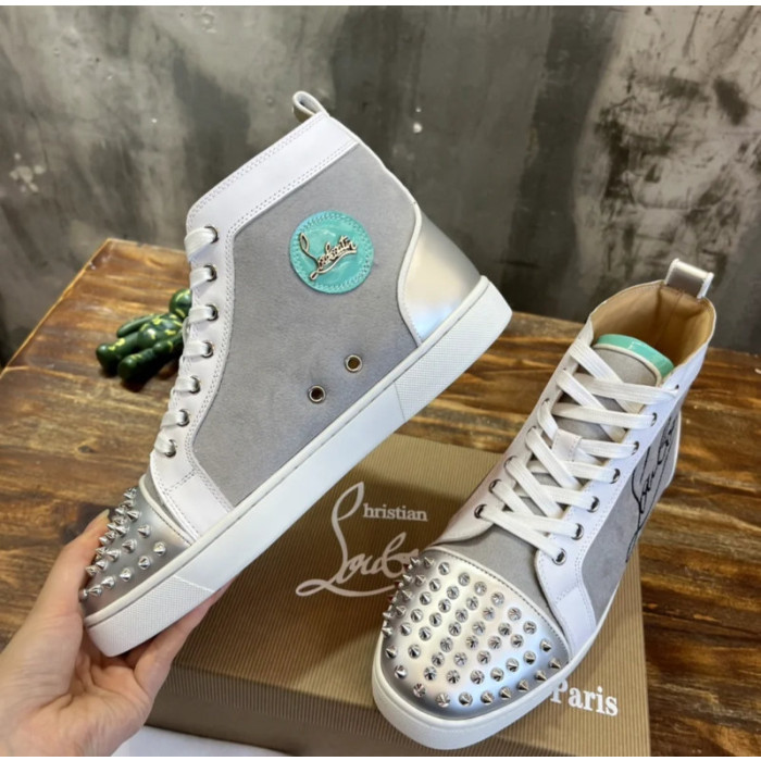 Christian Louboutin Grey Canvas Silver Spiked High‑Top Sneakers