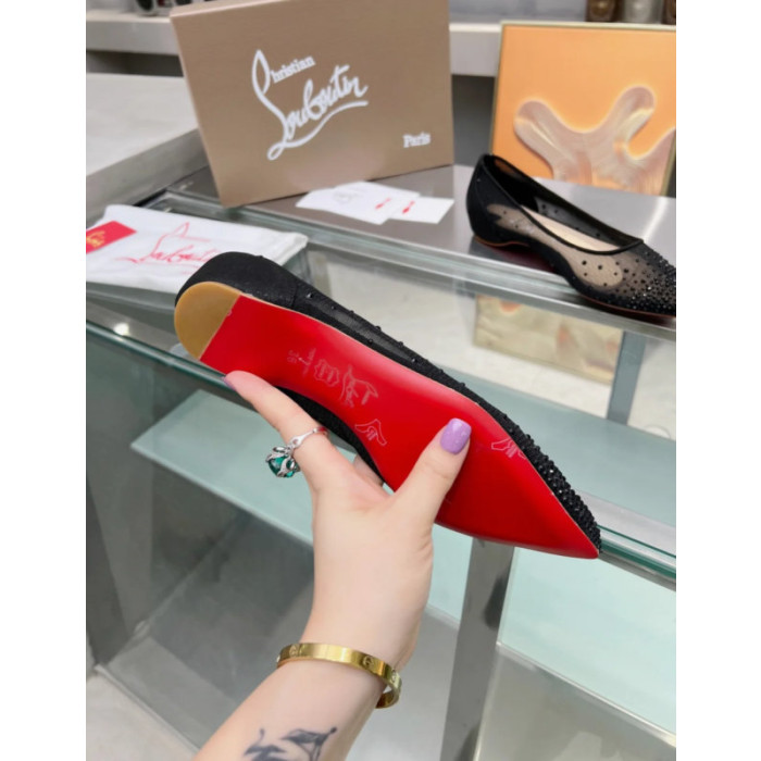 Christian Louboutin Black Mesh Crystal‑Dot Flat Pointed Pump