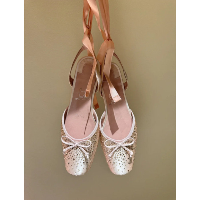 Christian Louboutin Rose Gold Satin Crystal Ankle‑Tie Ballet Flats