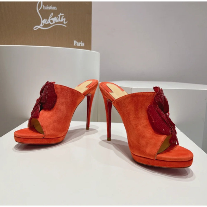 Christian Louboutin Orange Suede Sequin‑Flower 120mm Heel Platform Mule Sandals