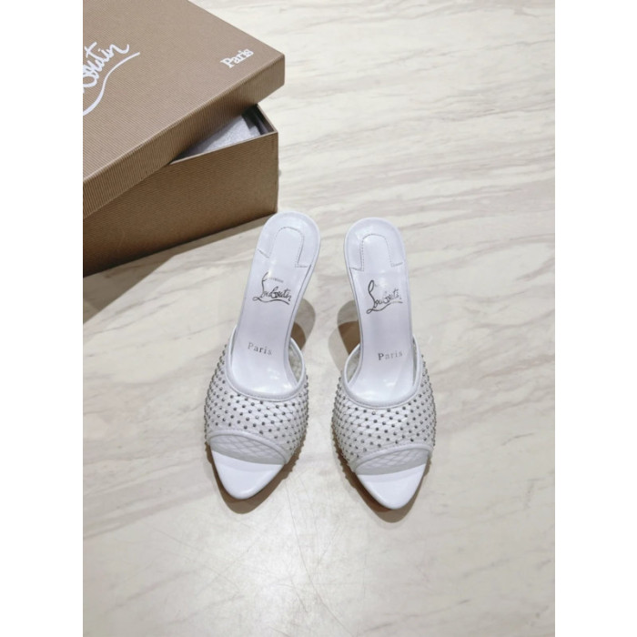 Christian Louboutin White Mesh 85mm Crystal‑Embellished Peep‑Toe Slide Stiletto Heel Mules