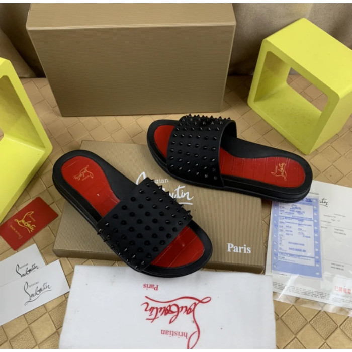 Christian Louboutin Black Spiked Slide Sandals Red Croc‑Embossed Footbed