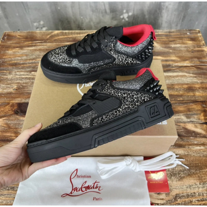 Christian Louboutin Black Suede Silver Glitter Spiked Platform Low‑Top Sneakers