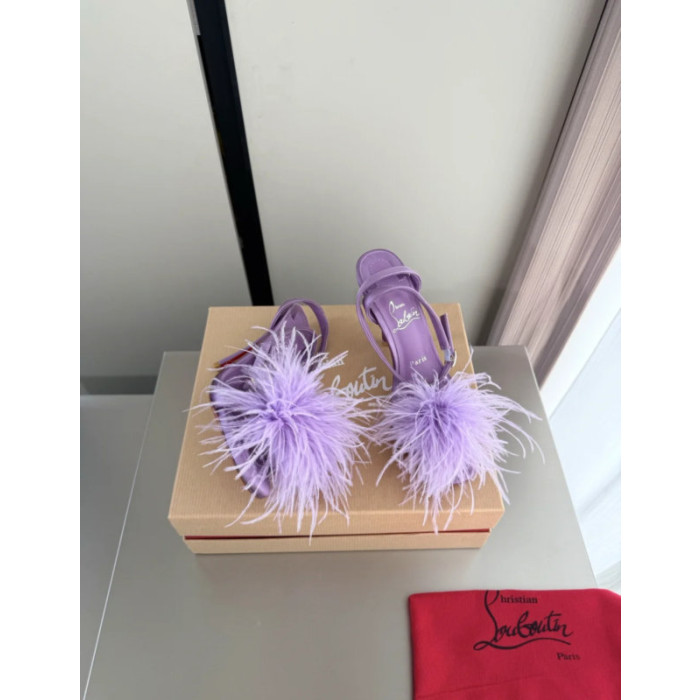 Christian Louboutin Purple Satin Feather 100mm Slingback Sandals