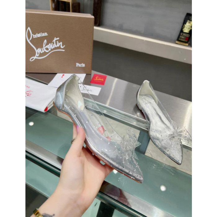 Christian Louboutin Silver Transparent PVC Bow Crystal Pointed‑Toe Flat Pumps