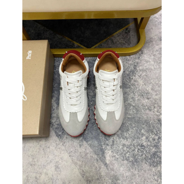 Christian Louboutin White Leather Suede Red Zigzag Sole Low‑Top Sneakers