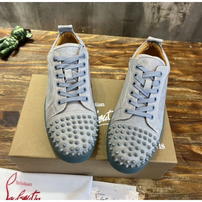 Christian Louboutin Light Grey Suede Tonal‑Spiked Low‑Top Men’s Sneakers