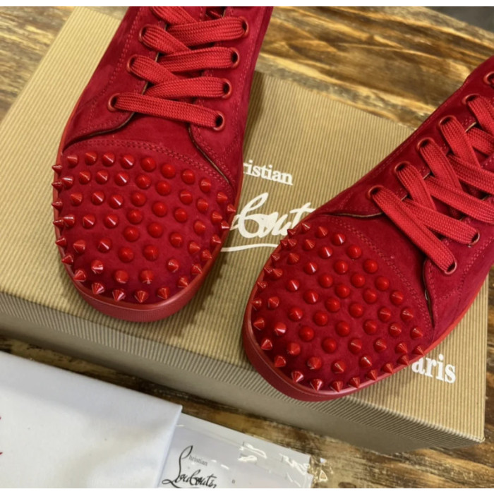 Christian Louboutin Red Suede Monochrome Spiked Low‑Top Men’s Sneakers