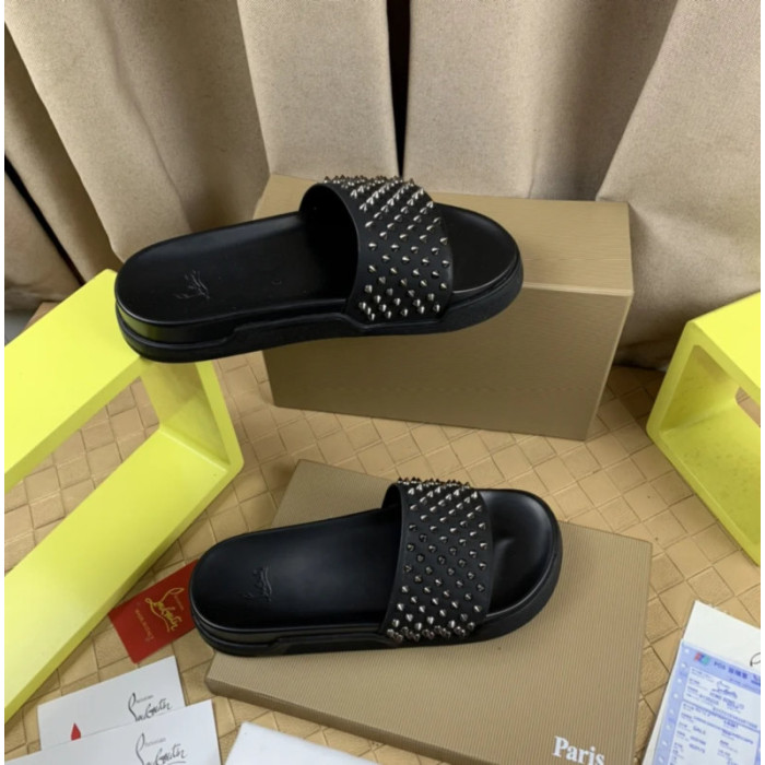 Christian Louboutin Black Silver‑Spiked Platform Slide Sandals