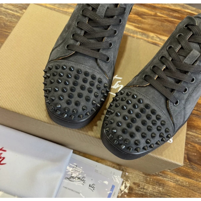 Christian Louboutin Dark Grey Suede Black‑Spiked Low‑Top Men’s Sneakers