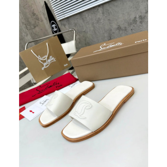 Christian Louboutin Stitched Logo White Leather Flat Slip‑on Slide