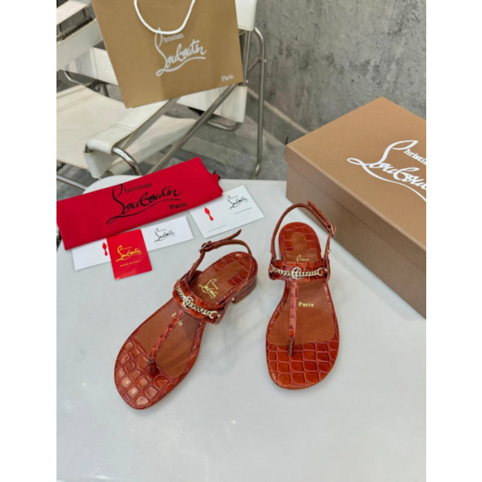 Christian Louboutin Terracotta Croc‑effect Leather Block Heel Thong Sandal