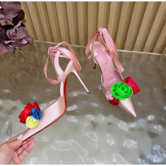 Christian Louboutin Pink Satin Multicolor Rose Flower 100mm Stiletto Heel Slingback Pumps