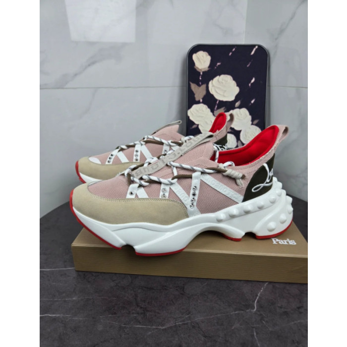 Christian Louboutin Pink‑Beige Spiked‑Sole Lace‑Up Chunky Sneakers Red Lining