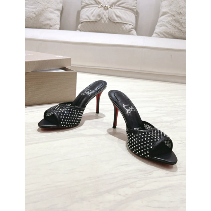 Christian Louboutin Black Mesh 85mm Crystal‑Embellished Peep‑Toe Slide Stiletto Heel Mules