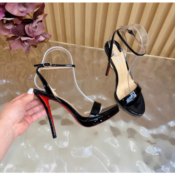 Christian Louboutin Black Patent Leather Platform Ankle‑Strap High‑Heel Sandals 150mm heel