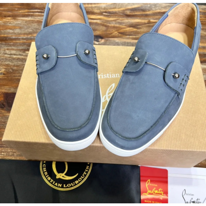 Christian Louboutin Slate Nubuck Leather Slip‑On Loafers