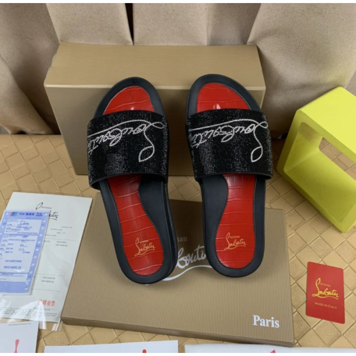 Christian Louboutin Black Crystal Logo Embellished Flat Slide Sandals