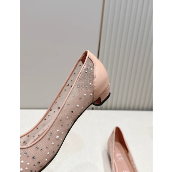 Christian Louboutin Pink Mesh Crystal Pearl Embellished Pointed‑Toe Flat Shoes