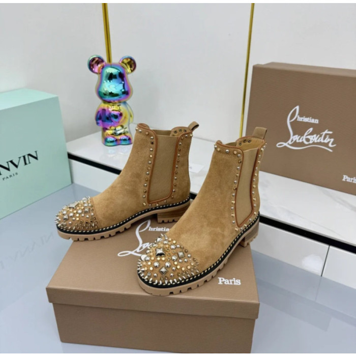 Christian Louboutin Tan Suede Silver‑Spiked Chelsea Ankle Boots Block Heel