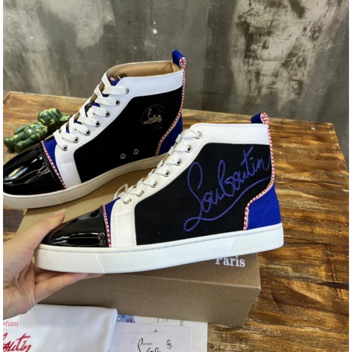 Christian Louboutin Color‑Block Patent Suede Canvas High‑Top Sneakers