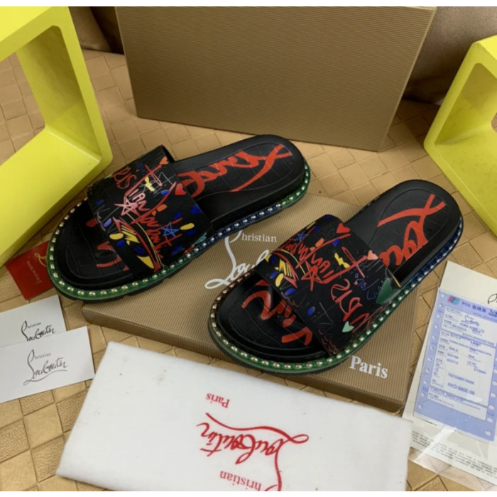 Christian Louboutin Black Graffiti‑Print Slides Rainbow Crystal‑Trimmed Sole
