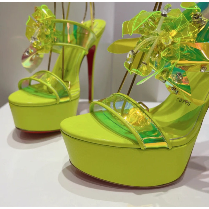 Christian Louboutin Neon Yellow Patent Iridescent Crystal‑Flower 150mm Platform Ankle‑Tie Sandals