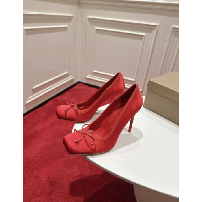 Christian Louboutin Red Satin Bow 100mm Square Toe Stiletto Pumps