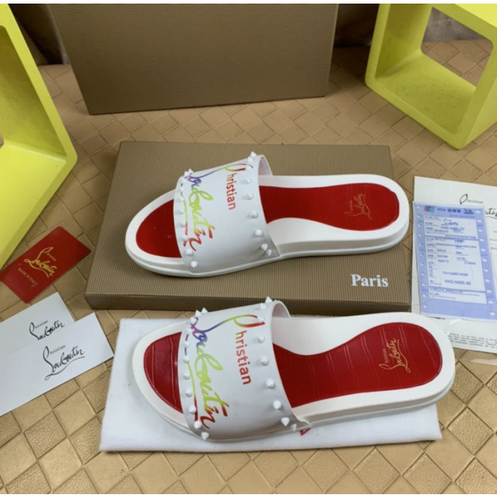 Christian Louboutin White Rainbow‑Logo Spiked Slip‑On Slide Sandals