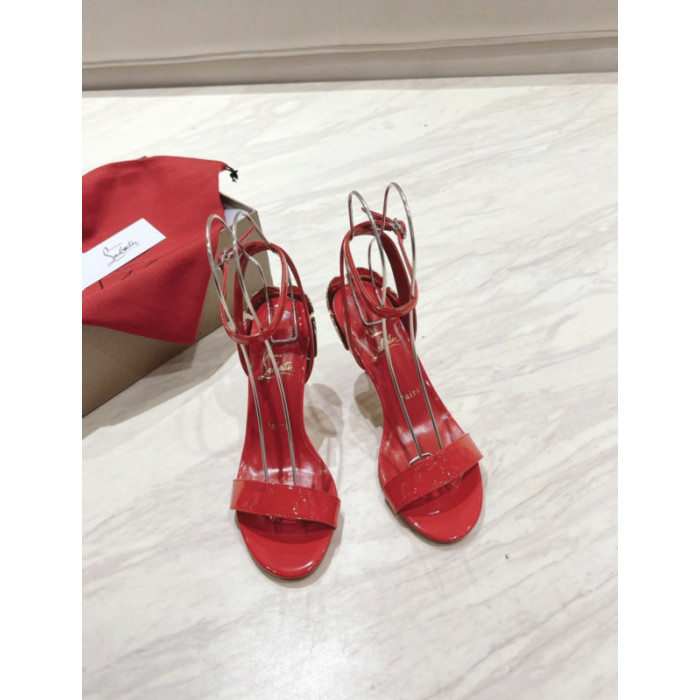 Christian Louboutin Red Patent 100mm Gold‑Sculpted Heel Ankle‑Strap Sandals