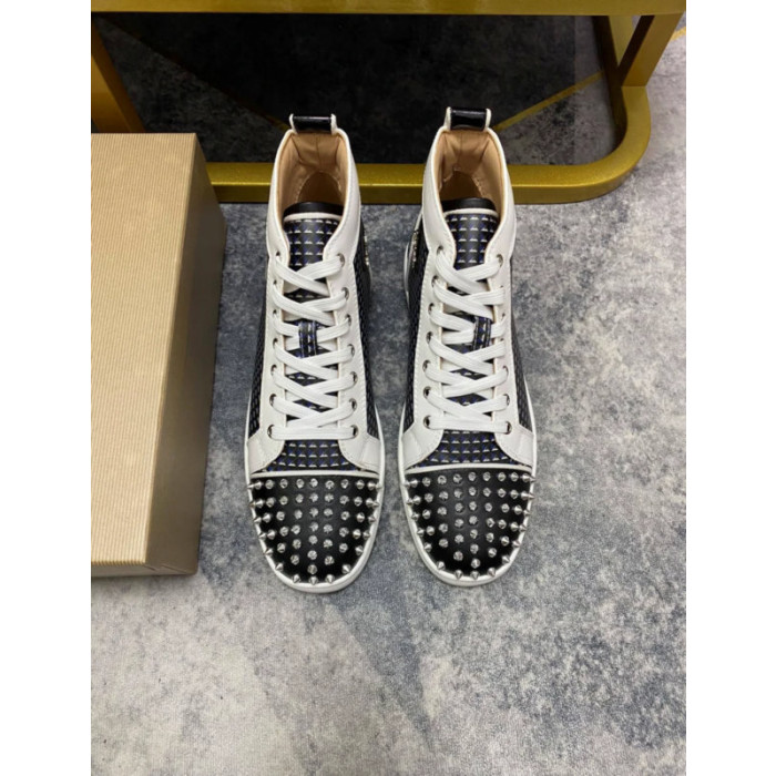 Christian Louboutin White Leather Geometric‑Print Silver‑Spiked High‑Top Sneakers